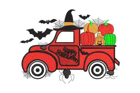 Happy Halloween pickup truck embroidery with pumpkins in bed, charcoal truck body, orange pumpkins and rust autumn leaves.