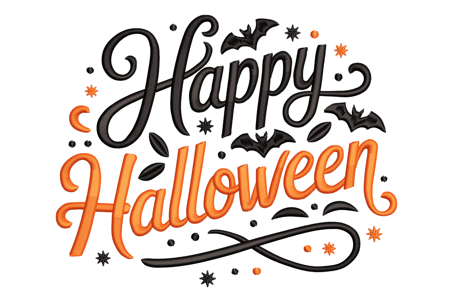 Happy Halloween typography machine embroidery with playful script top and heavy condensed slab lettering below in orange and black, near-square layout.