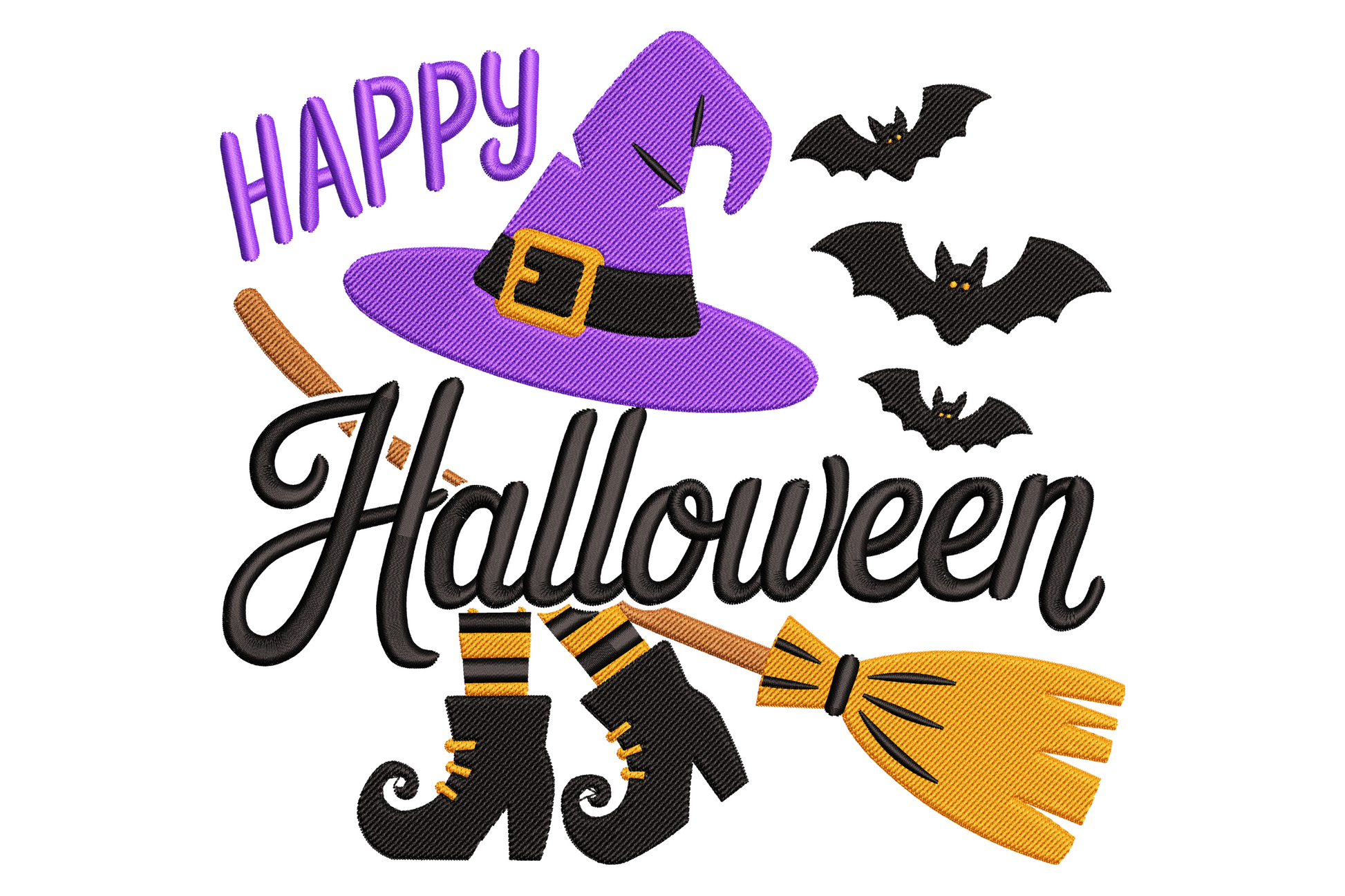 Happy Halloween embroidery design with purple block letters, black cursive script, witch hat boots and orange broom plus flying bats