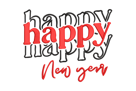 Happy New Year stacked typography embroidery design with three HAPPY layers in black and red and New Year cursive script below