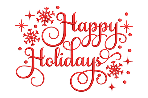 Happy Holidays script machine embroidery, flowing cursive lettering in single colour for holiday gifts