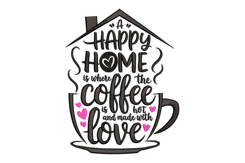 Happy home coffee machine embroidery design in warm brown and cream, coffee mug illustration with typography in rustic farmhouse kitchen style, portrait composition