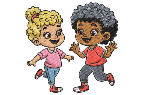 Happy kids playing embroidery design with two cartoon children running, blonde girl in pink and dark-haired boy in red.