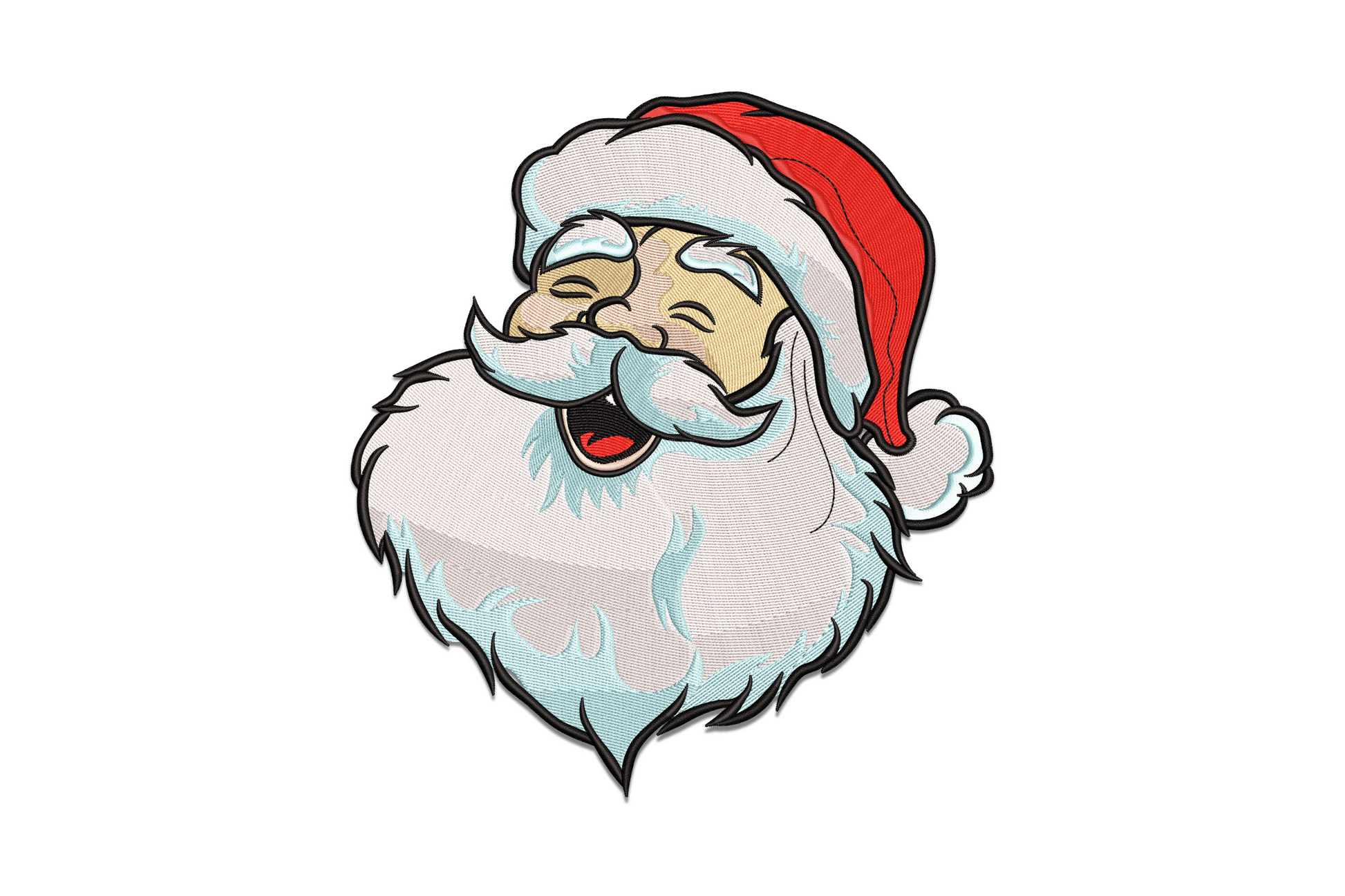 Happy laughing Santa face embroidery design with bold black outlines, red hat, aqua-tinted white beard and open laugh.