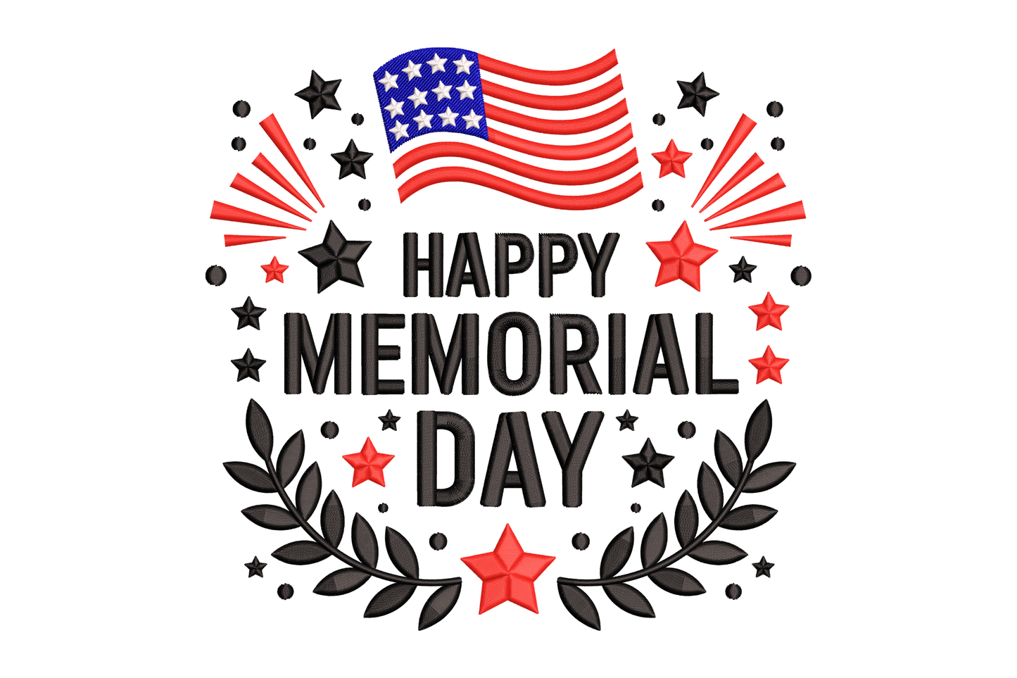 Happy Memorial Day text with American flag and decorative elements embroidery design