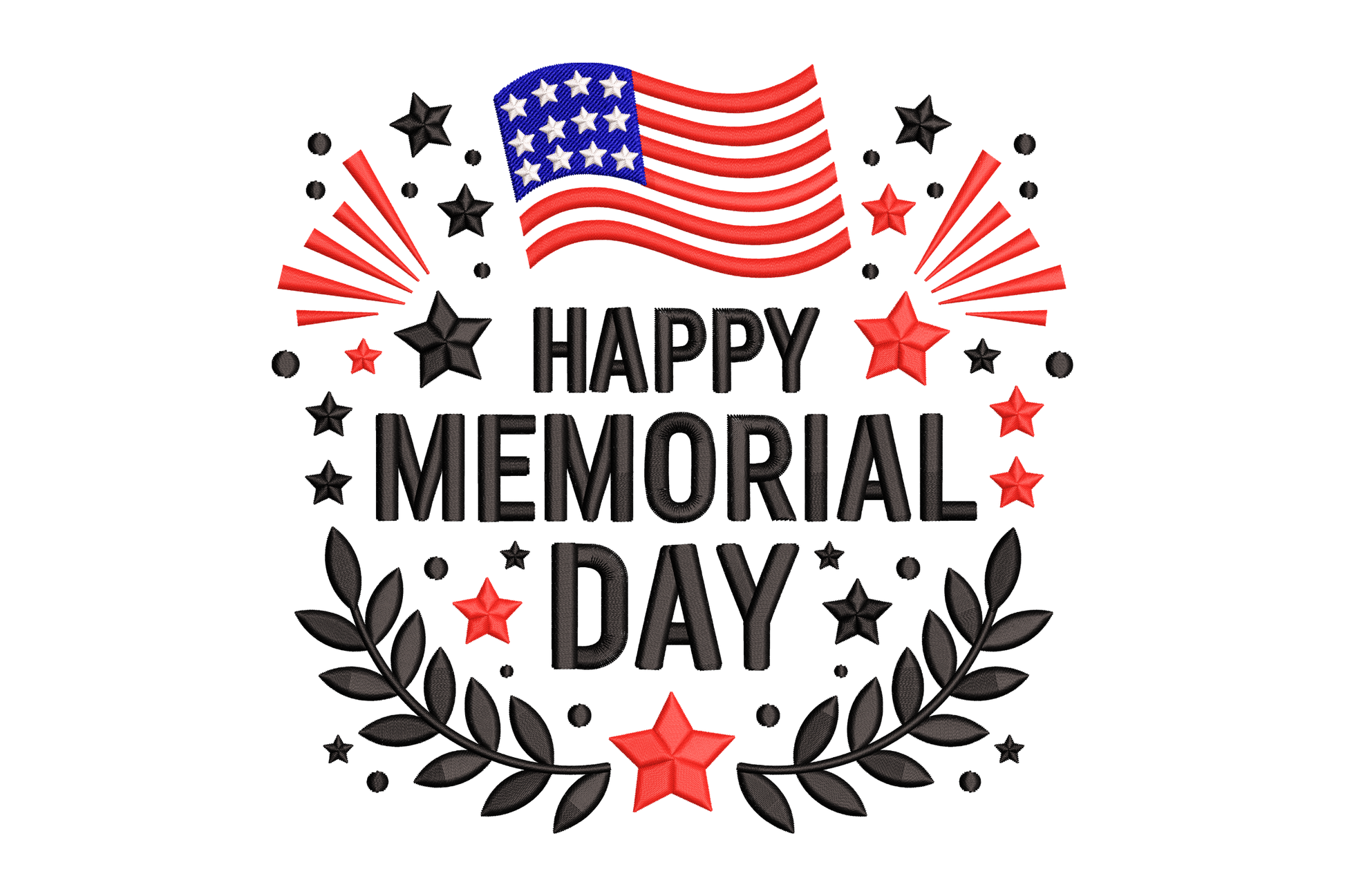 Happy Memorial Day text with American flag and decorative elements embroidery design