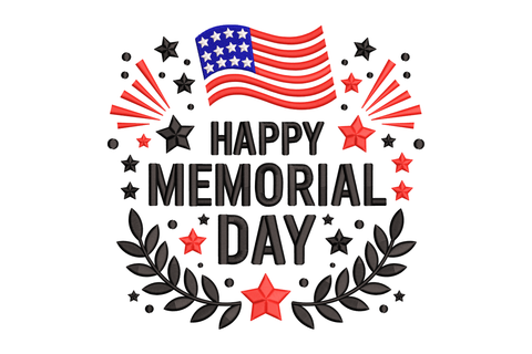 Happy Memorial Day text with American flag and decorative elements embroidery design