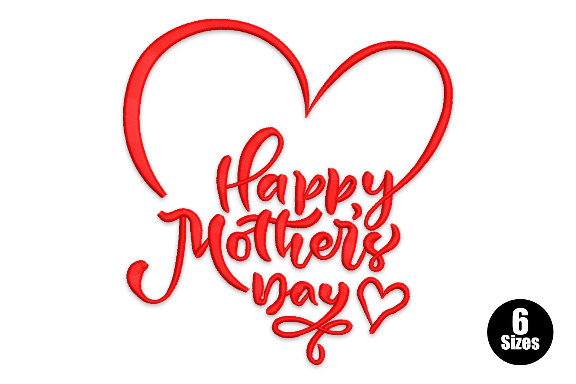Happy Mother's Day embroidery design, bold red brush-script inside an open heart outline with small decorative flourish.