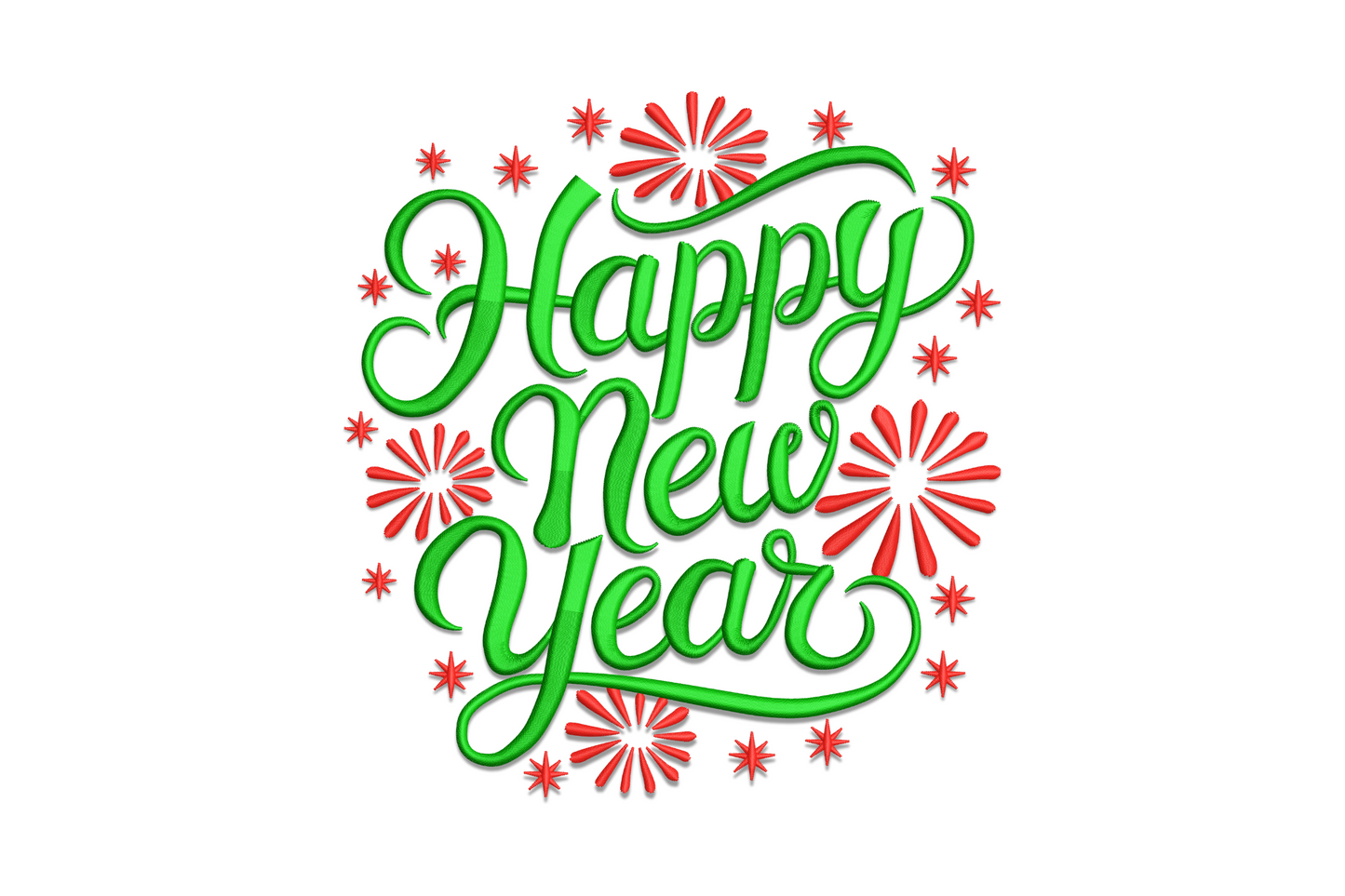 Happy New Year embroidery design with bold festive lettering combining script and block text, 2 colours, 5 sizes for party decor and holiday gifts