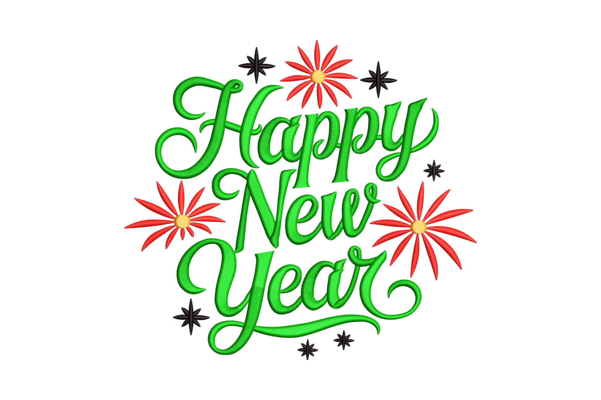Happy New Year script machine embroidery design in dark green cursive with red starburst fireworks and black star accents, 4 colors, 5 sizes