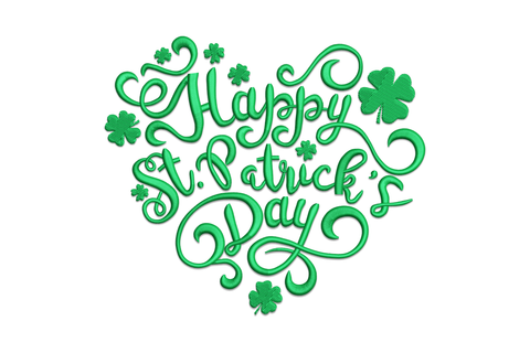 Flowing green brushscript reading Happy St. Patricks Day in a single connected cursive line on white fabric
