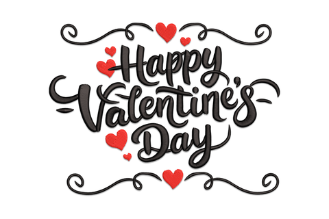Happy Valentines Day embroidery with black script lettering, ornate scrollwork flourish borders and small red accent hearts at the scroll connection points