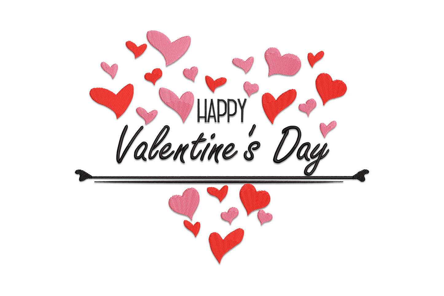 Embroidery design with Happy Valentine's Day text in script and block letters surrounded by scattered red and pink hearts