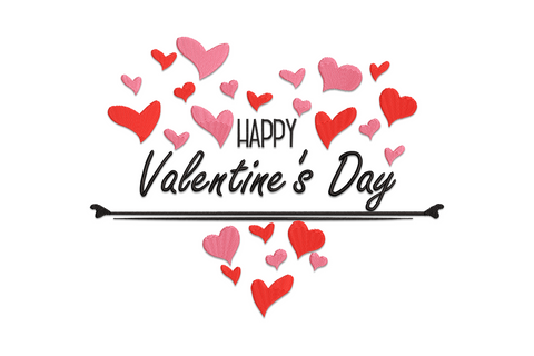Embroidery design with Happy Valentine's Day text in script and block letters surrounded by scattered red and pink hearts