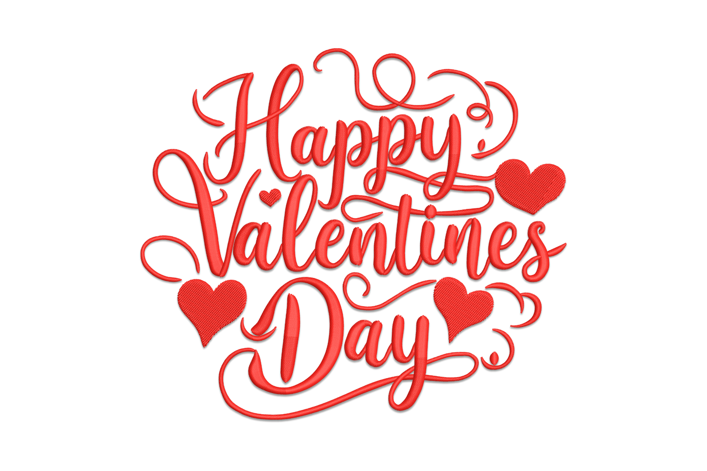 Embroidery design of Happy Valentines Day in flowing connected cursive script lettering, single colour on white fabric