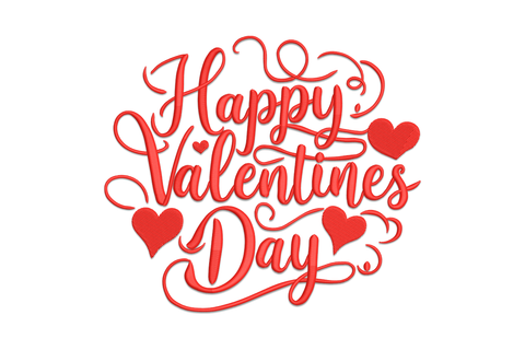 Embroidery design of Happy Valentines Day in flowing connected cursive script lettering, single colour on white fabric