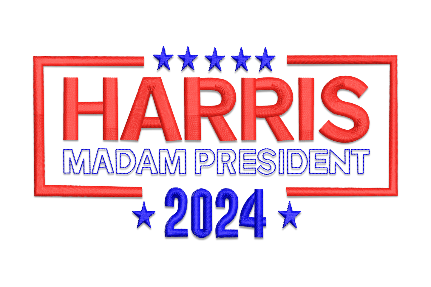 Harris Madam President 2024 embroidery design, tall stacked condensed text, navy and white, 4 sizes, feminist election theme
