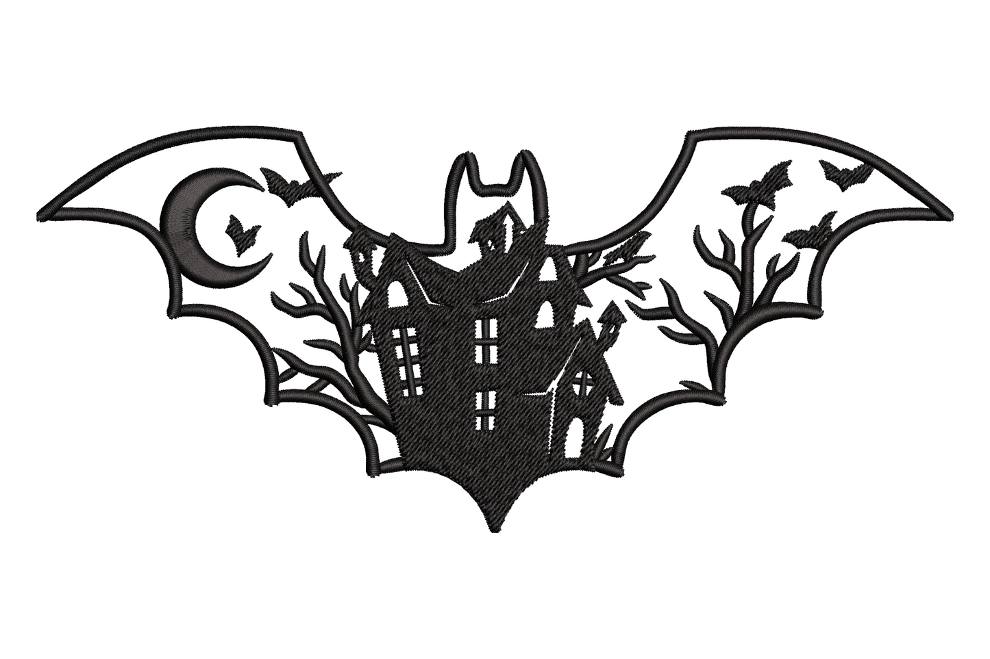 Haunted bat wing castle embroidery, solid black gothic castle silhouette, narrow vertical, 5 sizes to 7.5 inches tall
