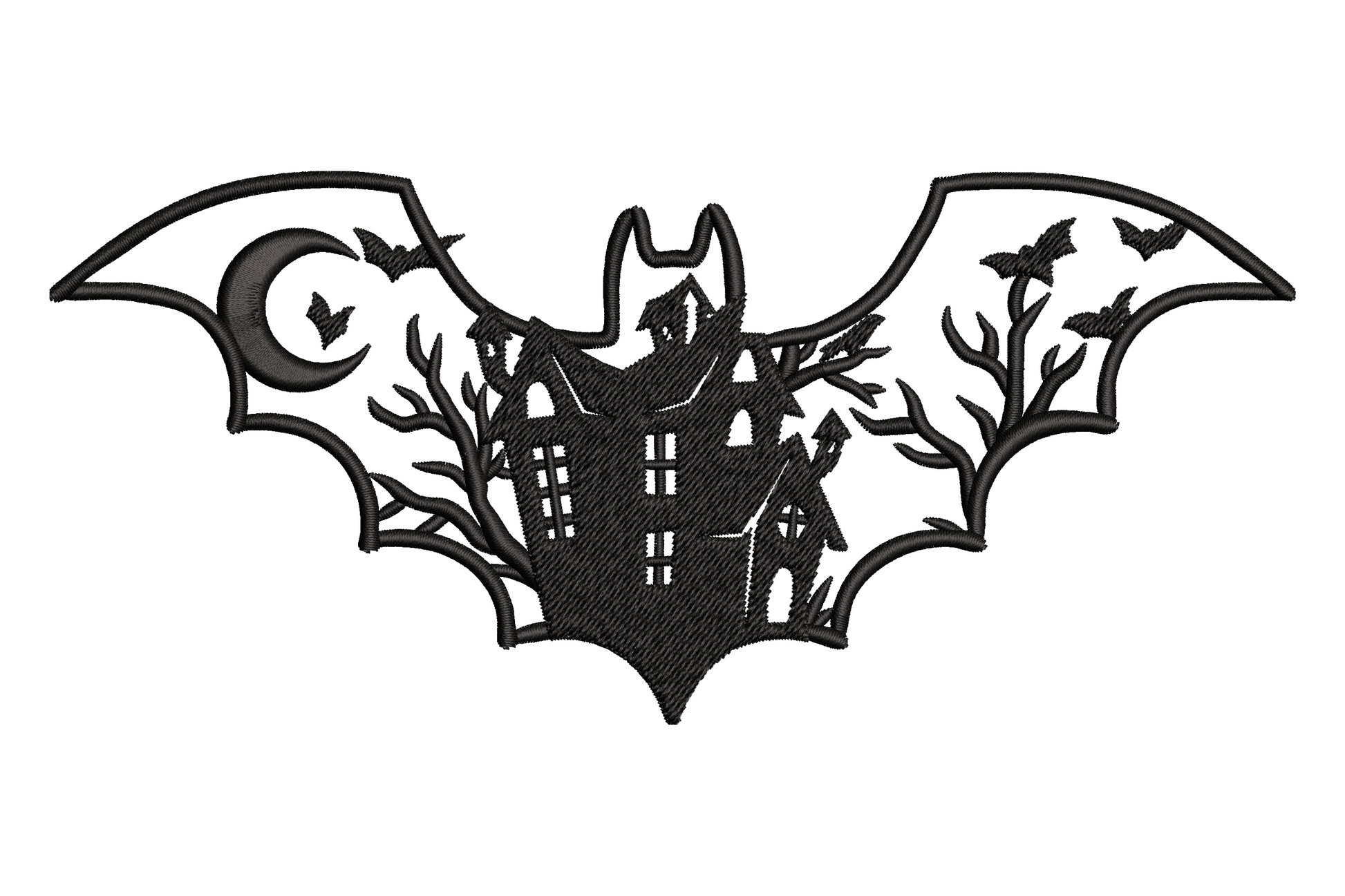 Haunted bat wing castle embroidery, solid black gothic castle silhouette, narrow vertical, 5 sizes to 7.5 inches tall