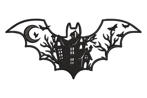 Haunted bat wing castle embroidery, solid black gothic castle silhouette, narrow vertical, 5 sizes to 7.5 inches tall
