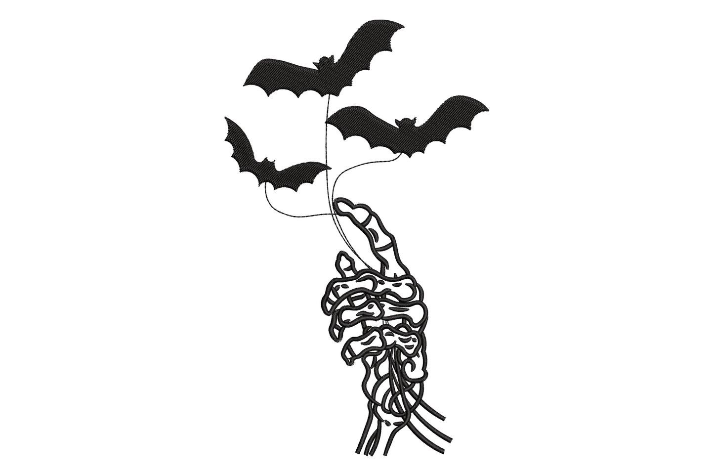 Haunted bats rising from skeletal hand embroidery, 3 bat silhouettes tethered to a bony hand outline, black single colour