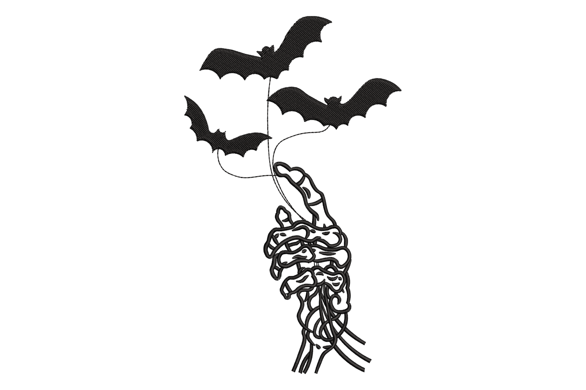 Haunted bats rising from skeletal hand embroidery, 3 bat silhouettes tethered to a bony hand outline, black single colour