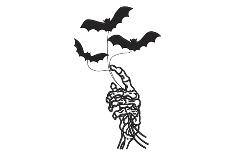 Haunted bats rising from skeletal hand embroidery, 3 bat silhouettes tethered to a bony hand outline, black single colour