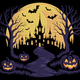 Haunted Castle Halloween Embroidery Design, Moonlit Spooky Scene Pattern, Instant Download