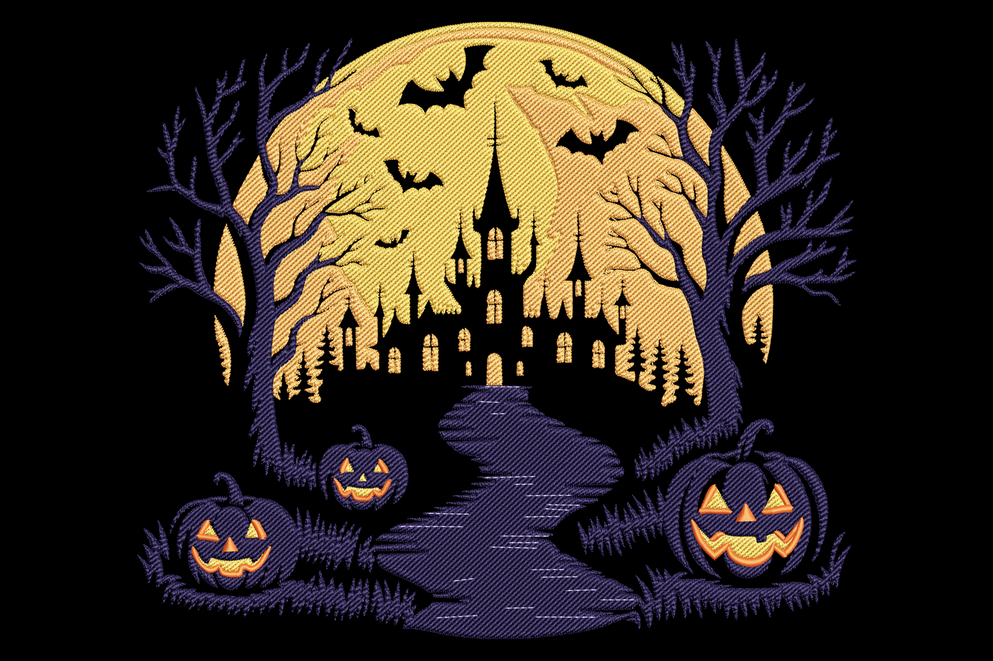 Haunted castle silhouette with full orange moon, bats, bare trees and three jack-o-lanterns embroidery design