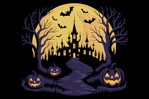 Haunted castle silhouette with full orange moon, bats, bare trees and three jack-o-lanterns embroidery design