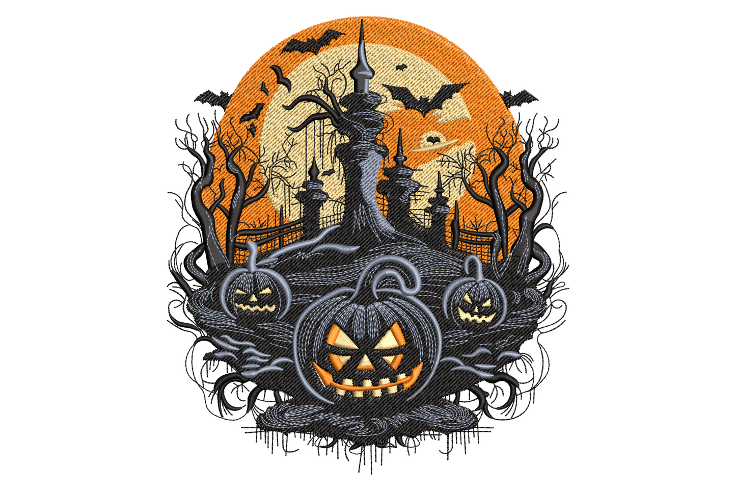 Haunted castle pumpkin Halloween embroidery, 4 colours, black gothic castle and orange jack-o-lantern, up to 7.5 inches