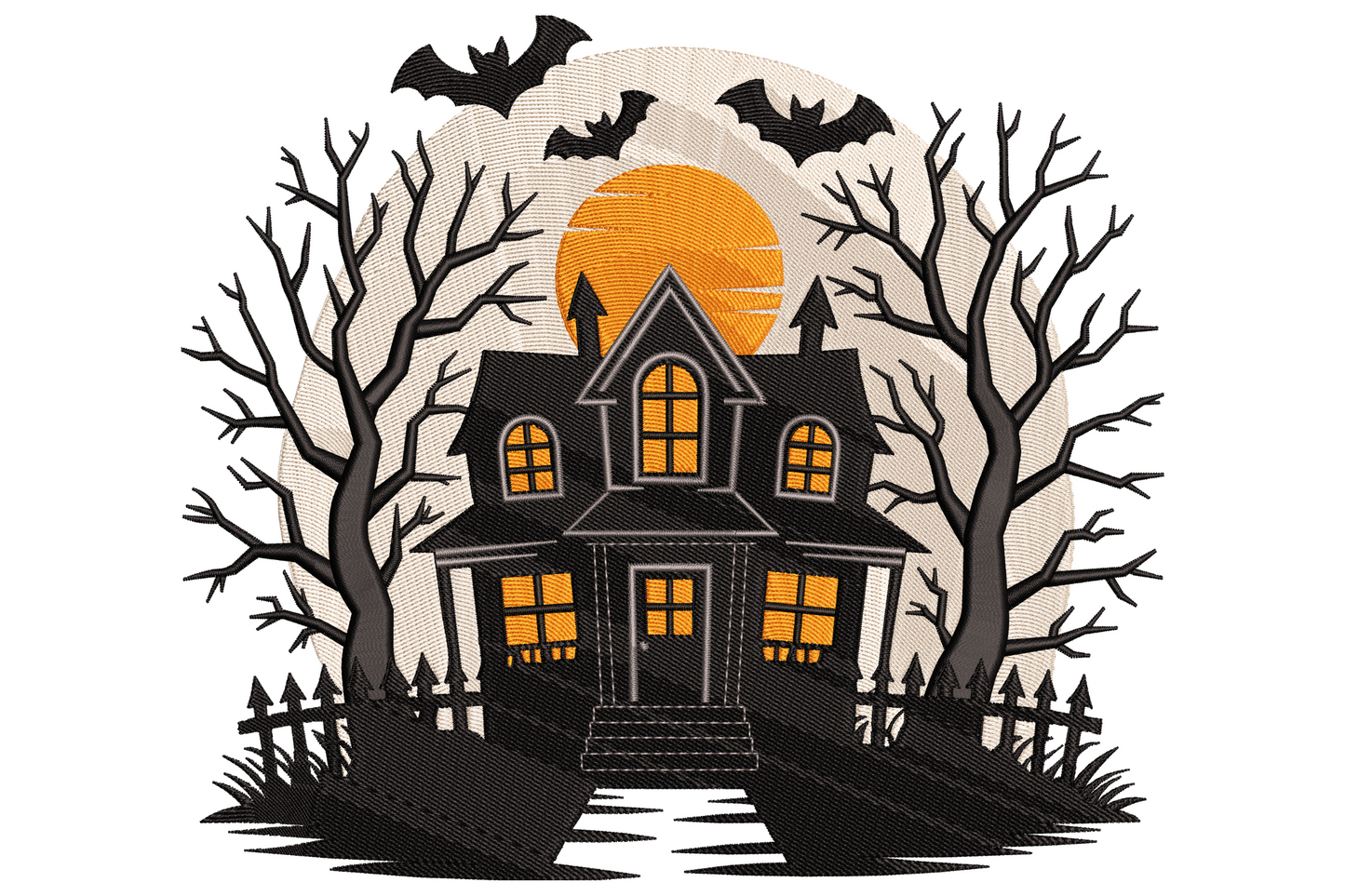 Haunted house embroidery silhouette in black with bare crooked trees, orange glowing windows, full orange moon and three bats flying overhead