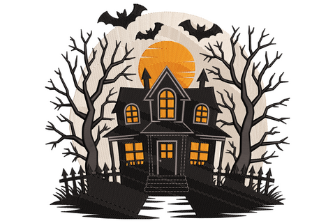 Haunted house embroidery silhouette in black with bare crooked trees, orange glowing windows, full orange moon and three bats flying overhead