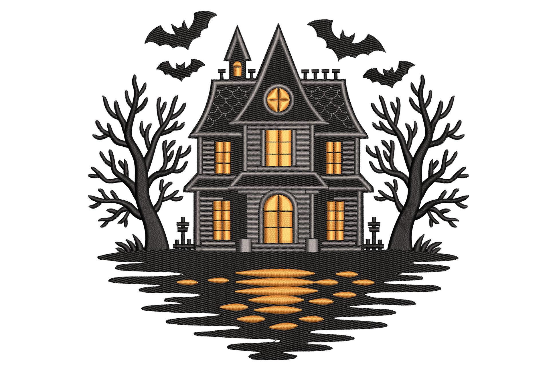 Tall black silhouette machine embroidery design of a crooked haunted house with glowing orange windows, a bare tree leaning beside it, and a cream full moon behind the roof.