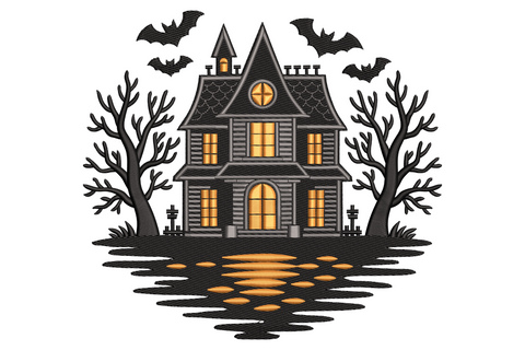 Tall black silhouette machine embroidery design of a crooked haunted house with glowing orange windows, a bare tree leaning beside it, and a cream full moon behind the roof.