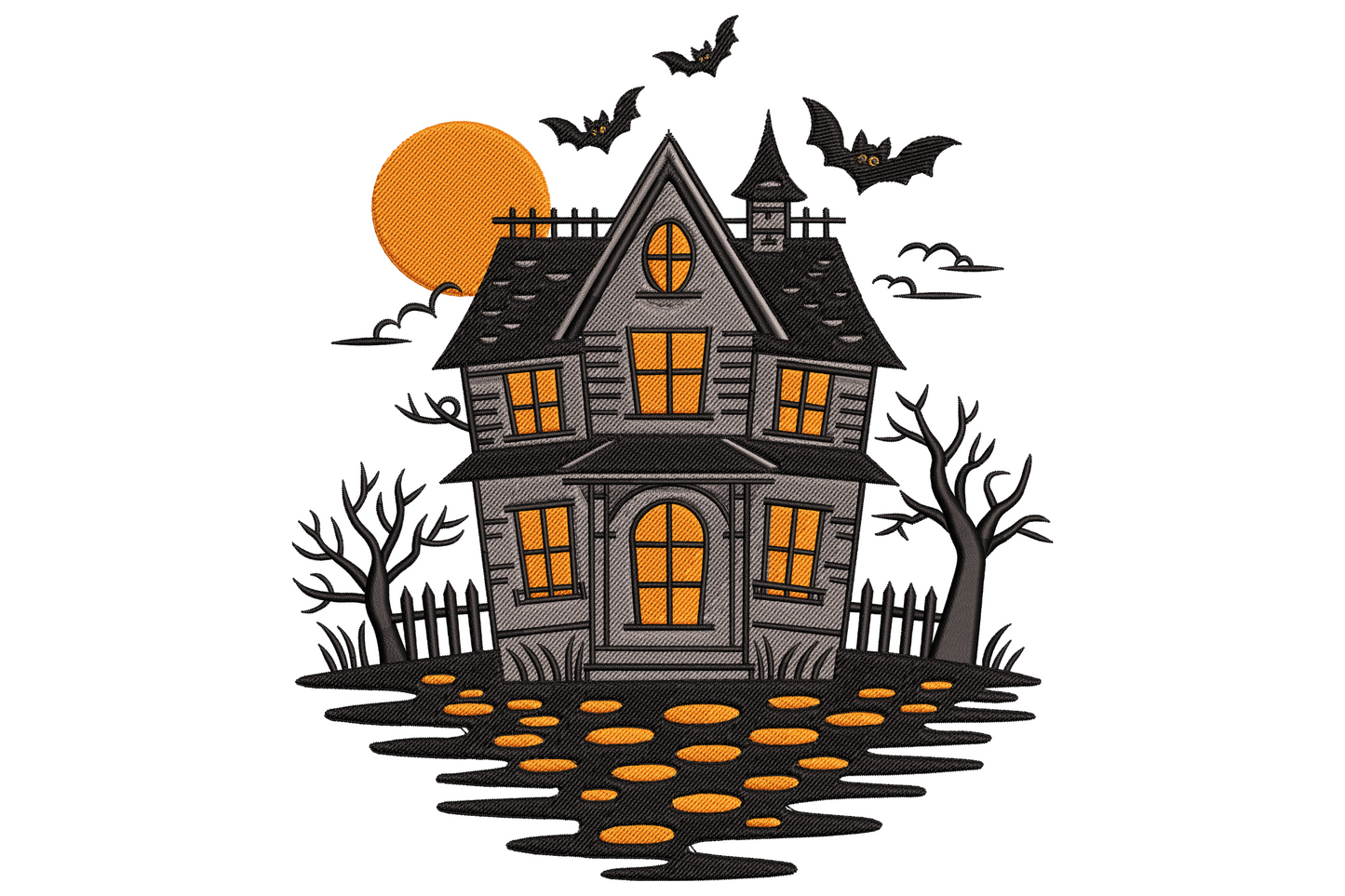 Embroidered haunted house design with three bats, full yellow moon, glowing orange windows, picket fence and cobblestone path