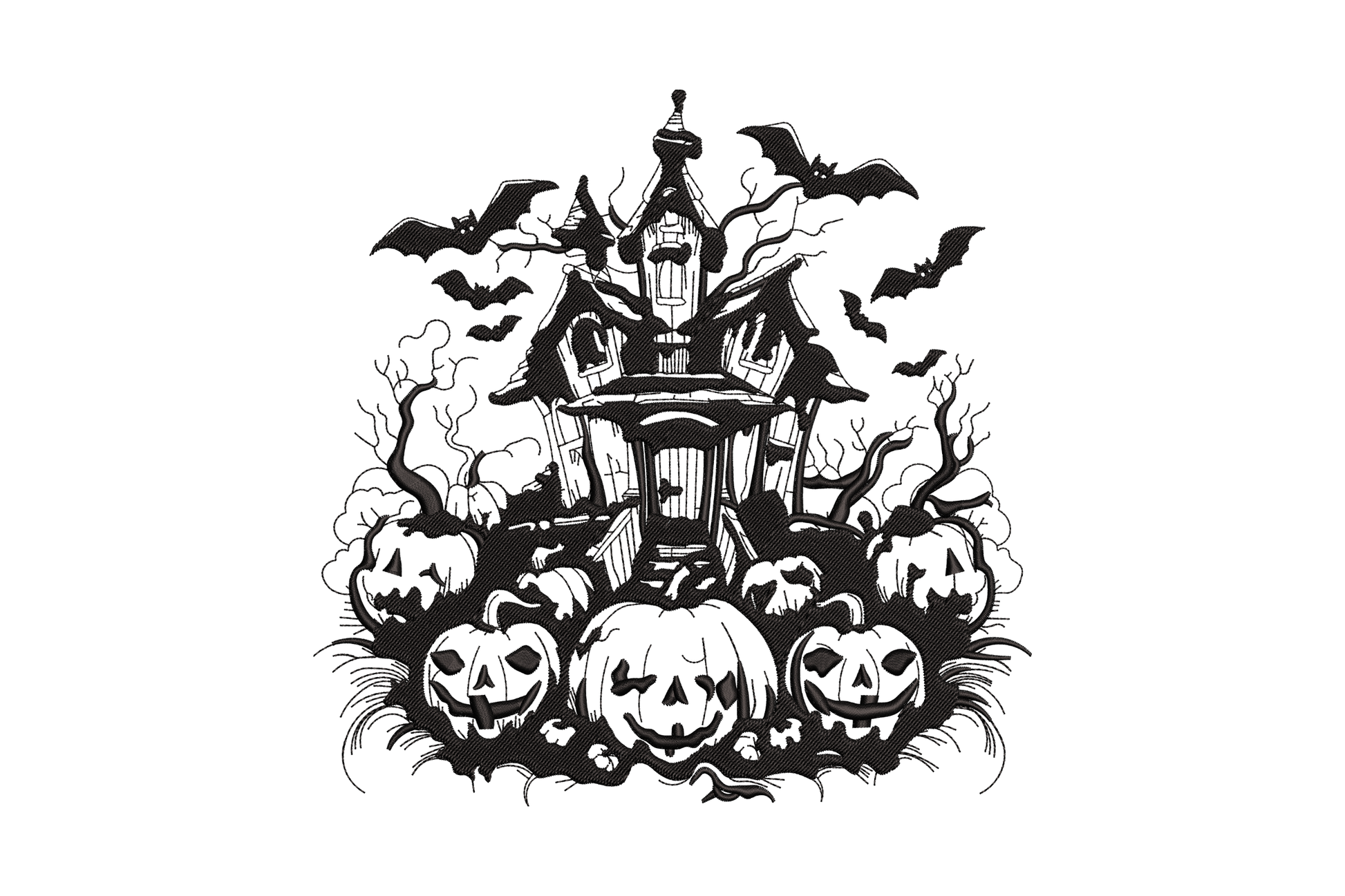 Haunted house silhouette embroidery with glowing jack-o-lantern pumpkin and full moon in orange, purple and black.