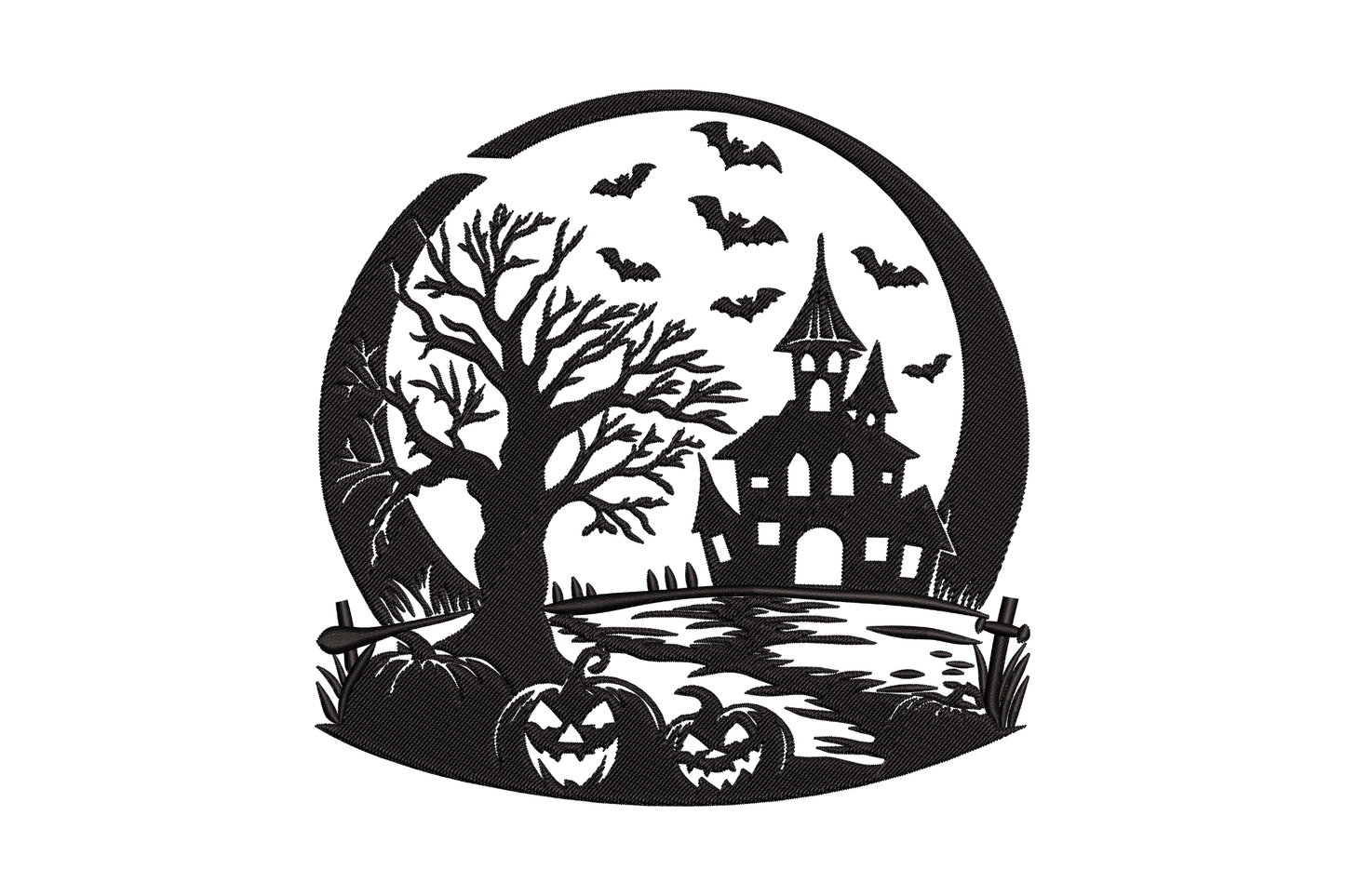 Haunted house Halloween embroidery, black silhouette scene inside full moon circle, bats, dead tree and jack-o-lanterns