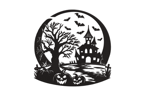 Haunted house Halloween embroidery, black silhouette scene inside full moon circle, bats, dead tree and jack-o-lanterns