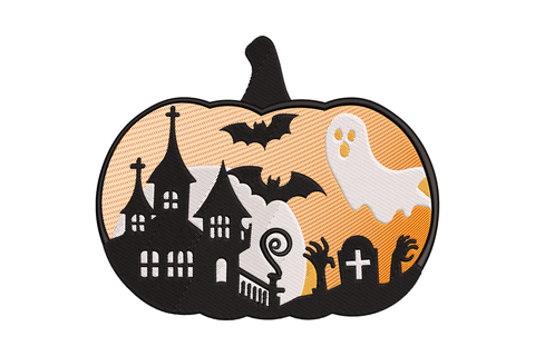 Embroidered haunted pumpkin scene with mansion ghost bat and zombie hands inside an orange pumpkin shape, 4 colour halloween design