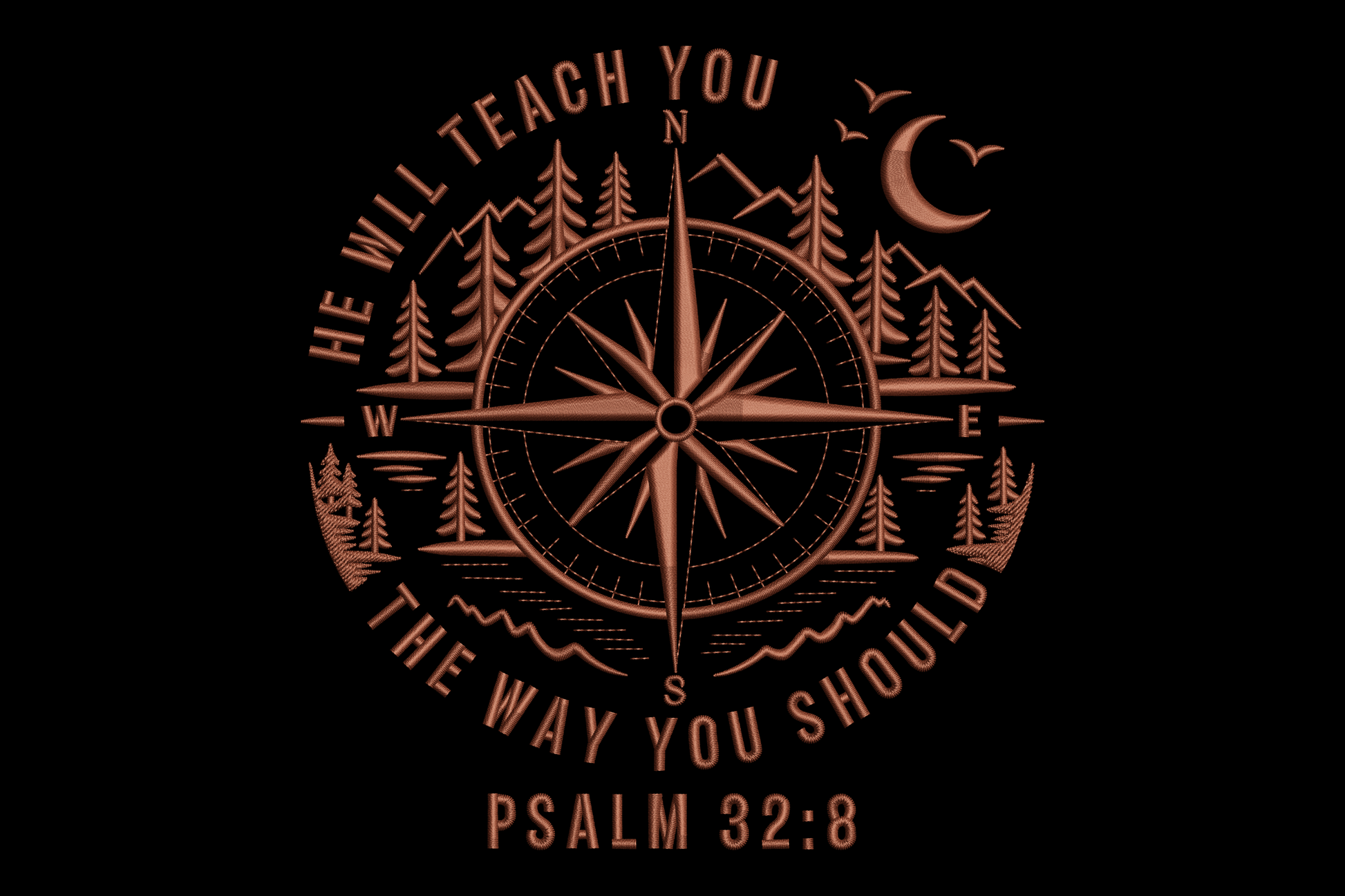 Compass design with trees and text embroidery design