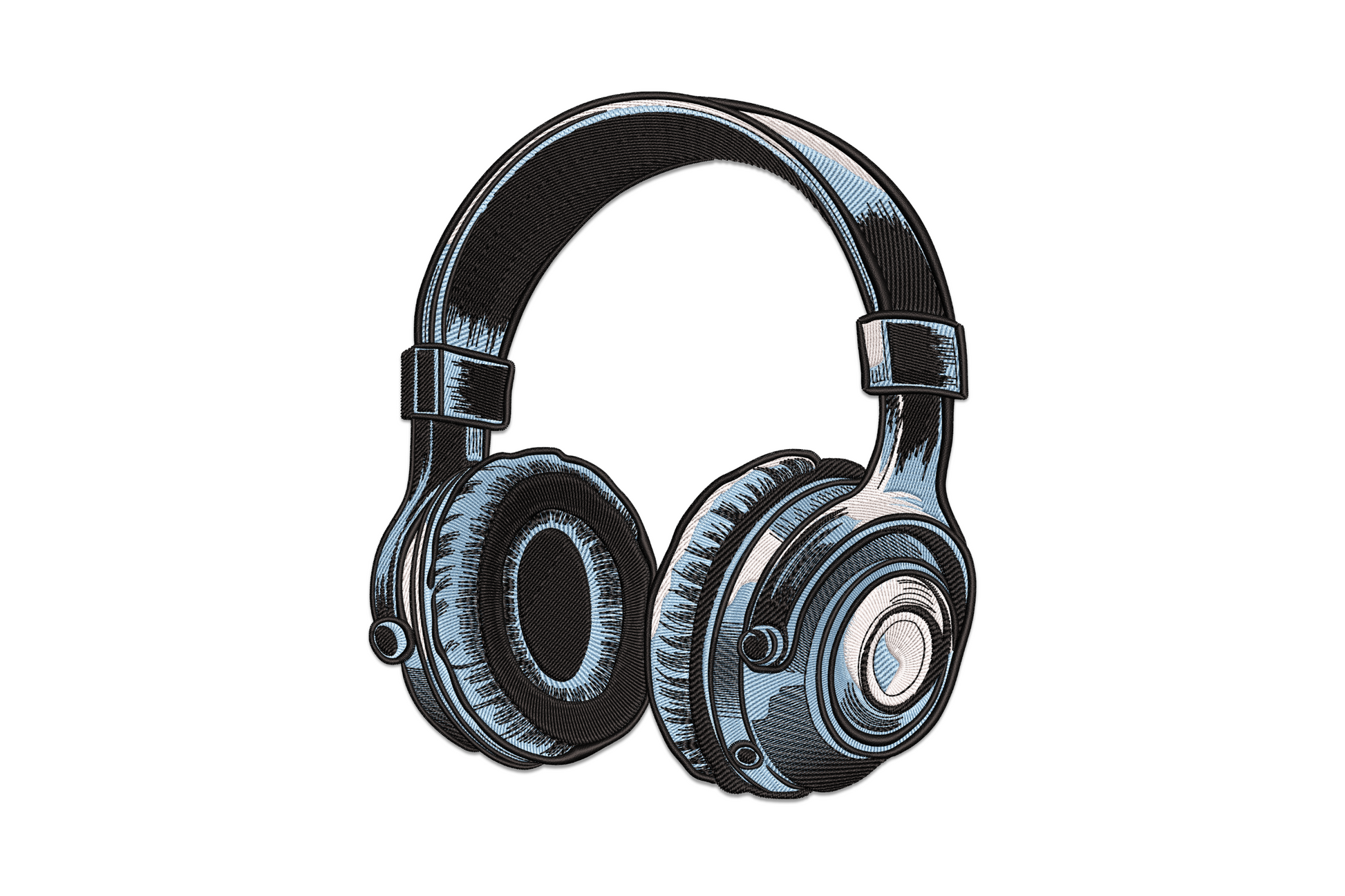 Over-ear headphones embroidery design, engraving style, dark body with pale blue cushions and cream accent, music lover motif