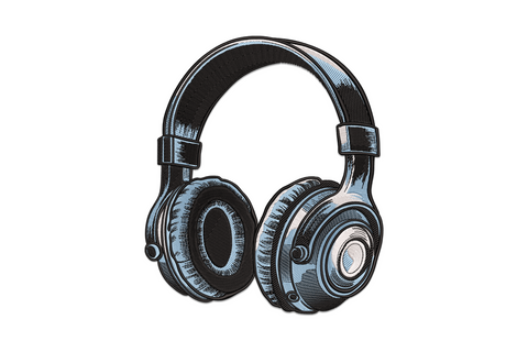 Over-ear headphones embroidery design, engraving style, dark body with pale blue cushions and cream accent, music lover motif