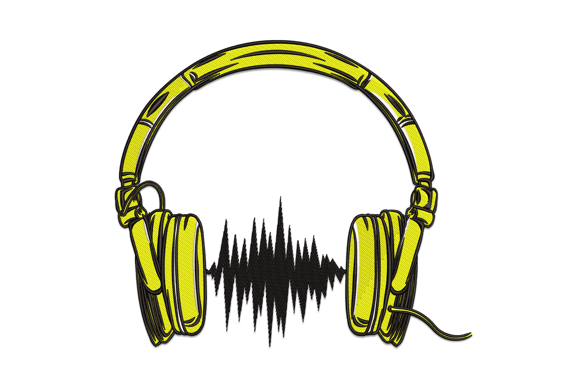 Headphones soundwave embroidery design, yellow over-ear headphones with black soundwave graphic, music machine embroidery.