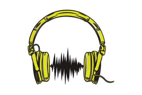 Headphones soundwave embroidery design, yellow over-ear headphones with black soundwave graphic, music machine embroidery.