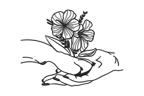 Healing hands with flowers embroidery design - open hand holding hibiscus blooms in black line art, 4 sizes