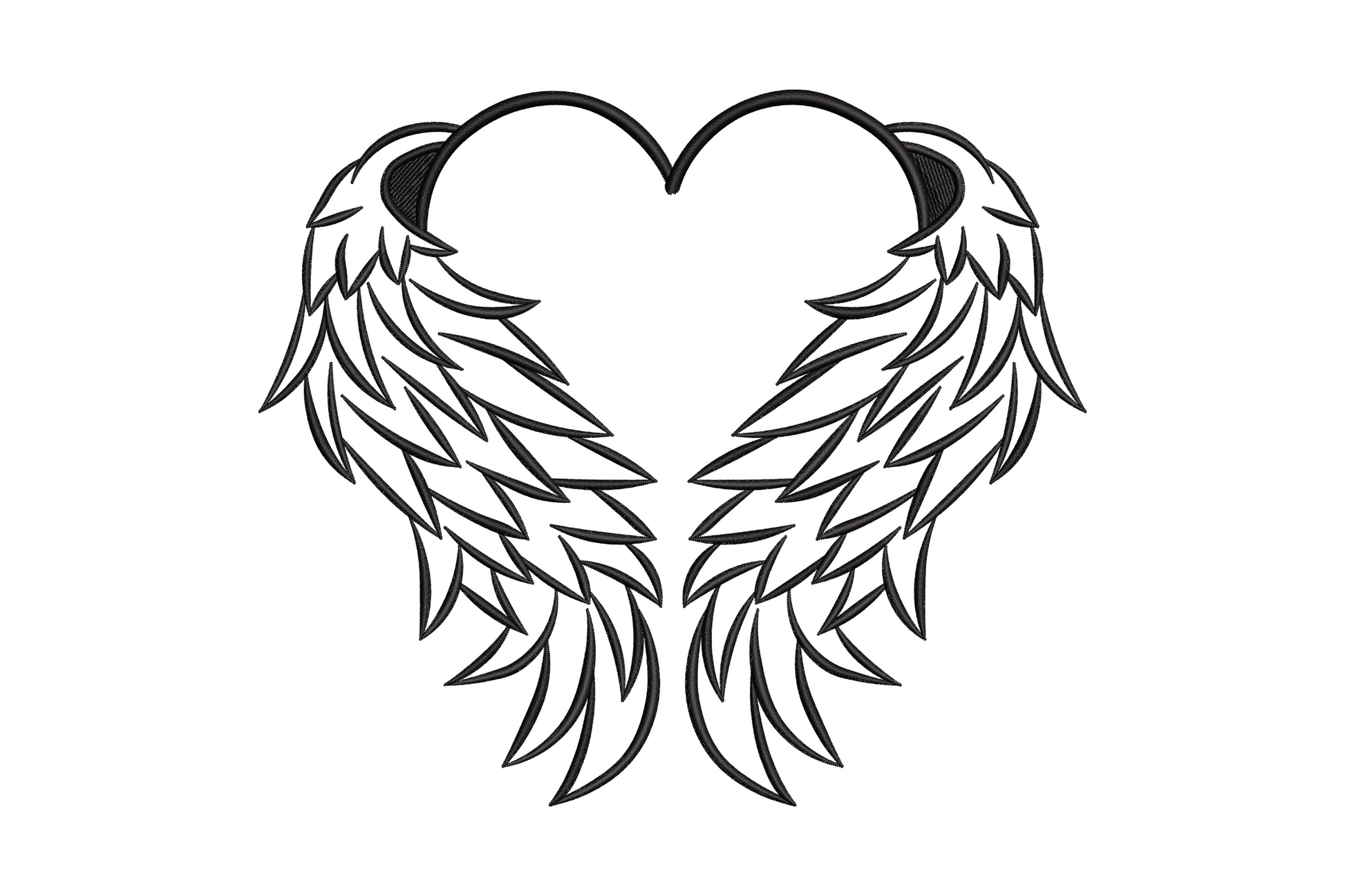 Heart-shaped angel wings line art embroidery design, single color outline with feather detail, 5 sizes from 3 to 6.5 inches wide