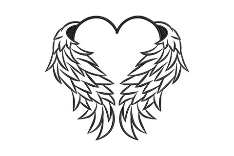 Heart-shaped angel wings line art embroidery design, single color outline with feather detail, 5 sizes from 3 to 6.5 inches wide