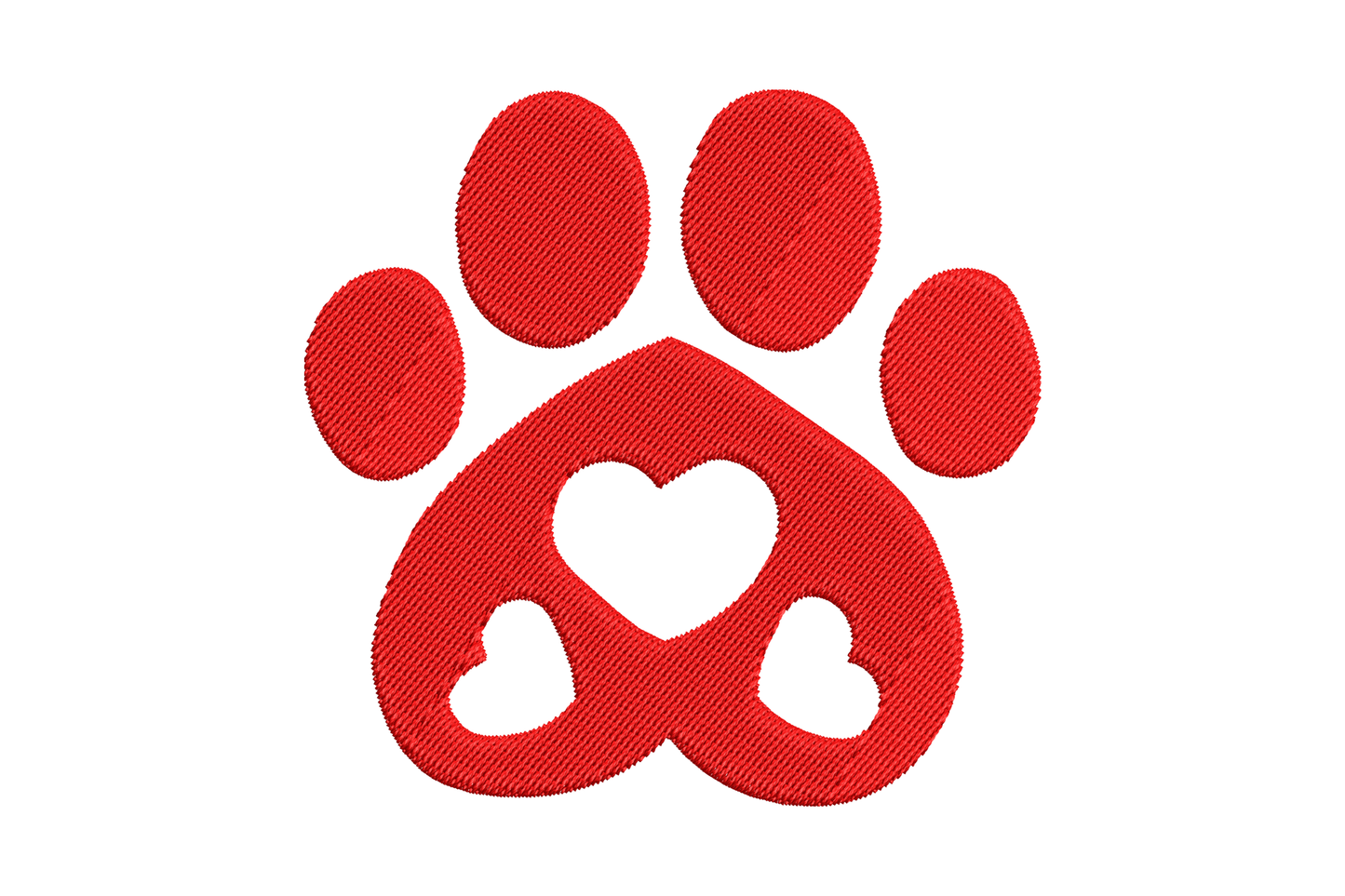 Heart-shaped paw print embroidery, satin paw with heart cutout main pad, single colour, 3 sizes 1.51 to 3.51 inches