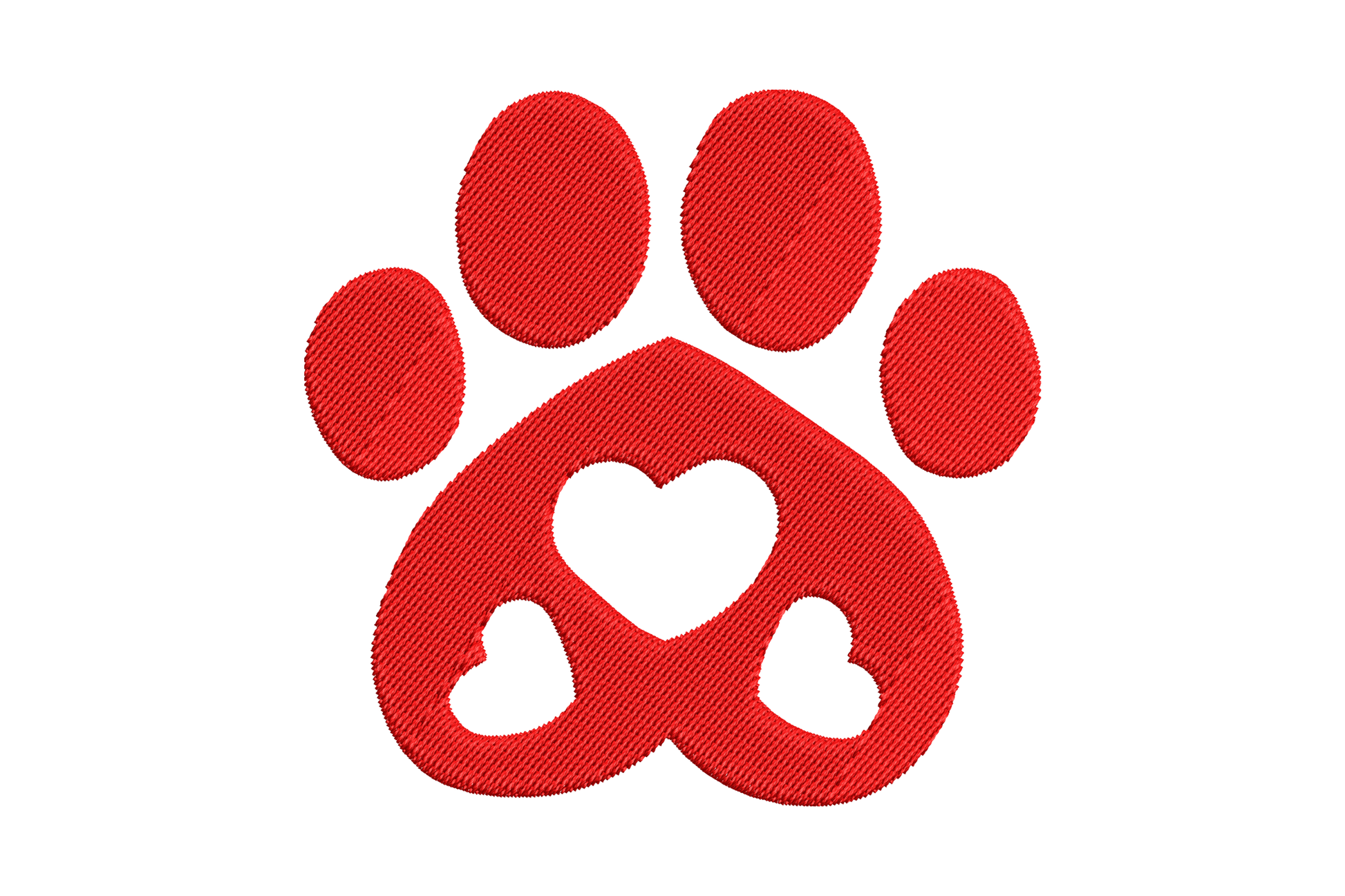 Heart-shaped paw print embroidery, satin paw with heart cutout main pad, single colour, 3 sizes 1.51 to 3.51 inches